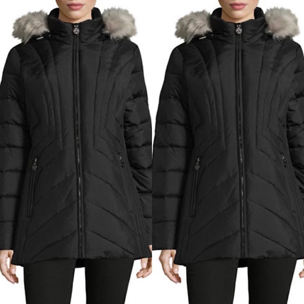 Anne Klein Quilted Hood Parka-BLACK-Medium